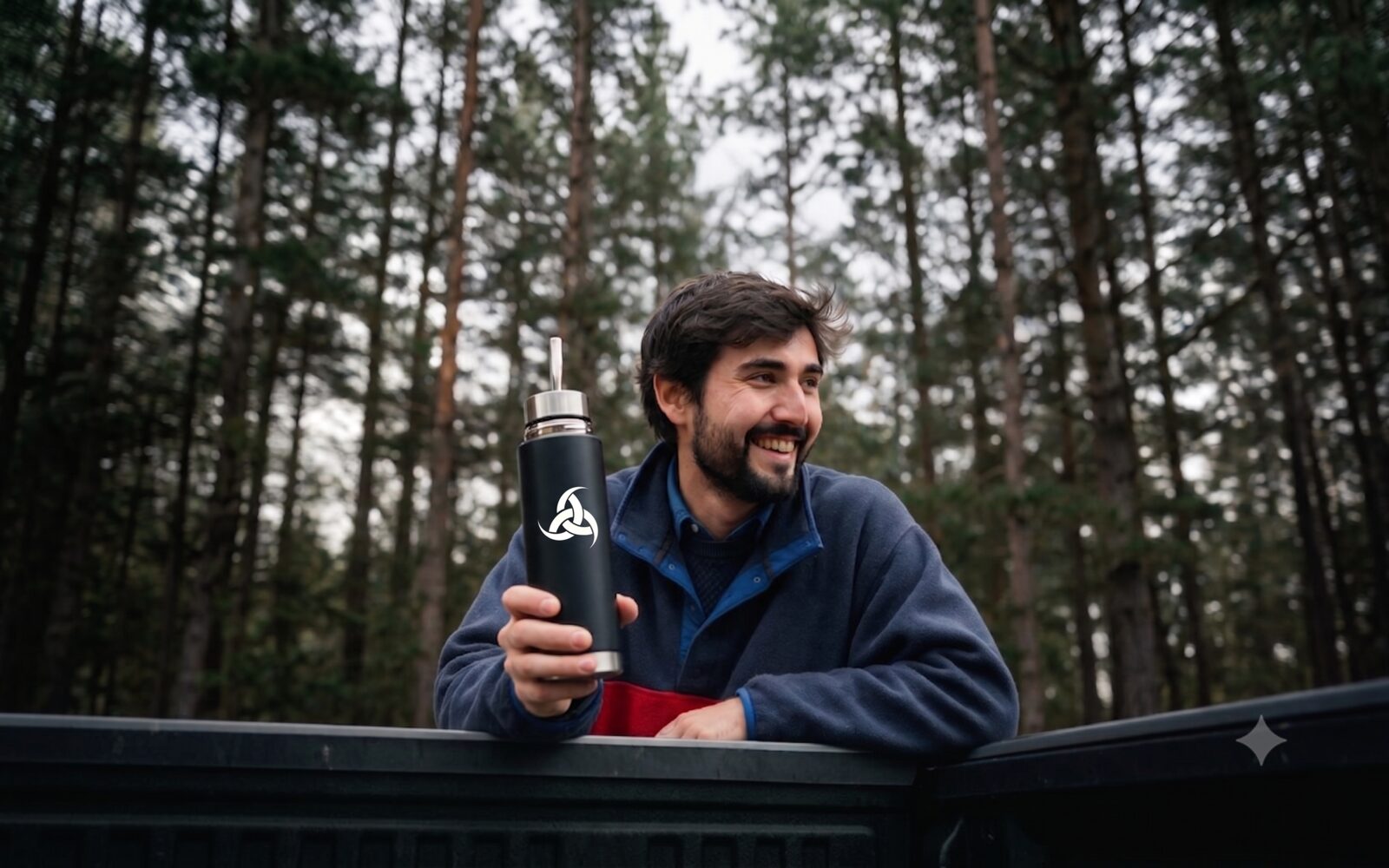Persona en el bosque con termo VALKÖR negro